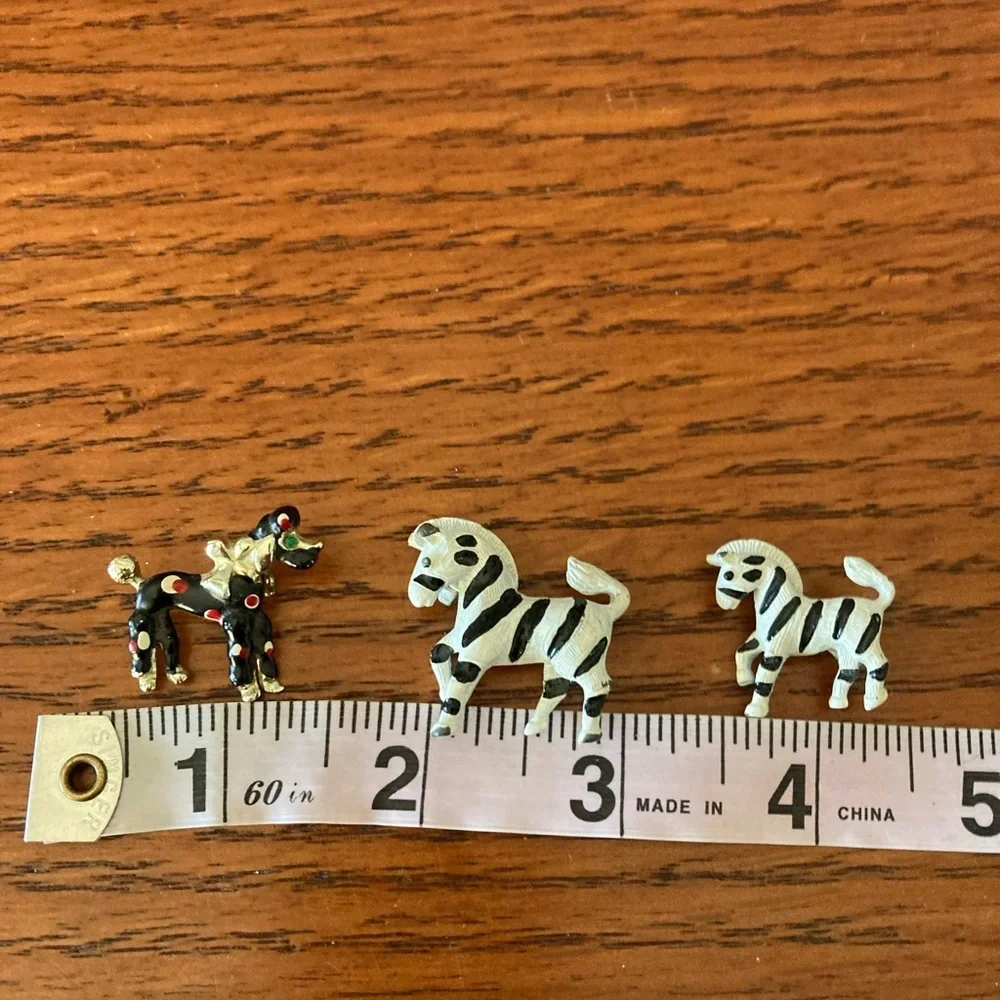 Vintage Lot 2 Zebra brooches black white enamel signed Gerry 1 poodle green eyes
